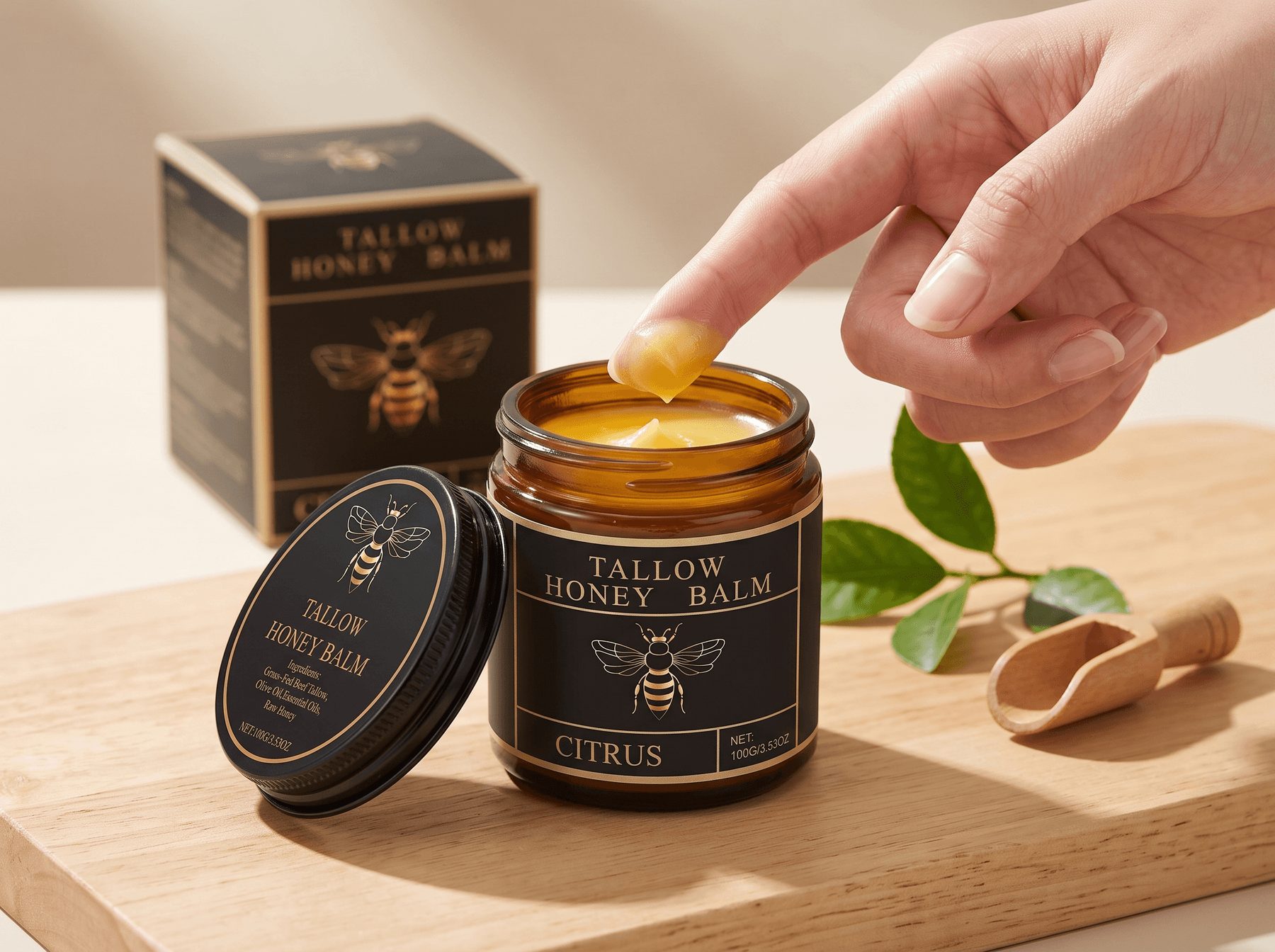 A fingertip lifting a small amount of golden balm from the open jar on a wooden board