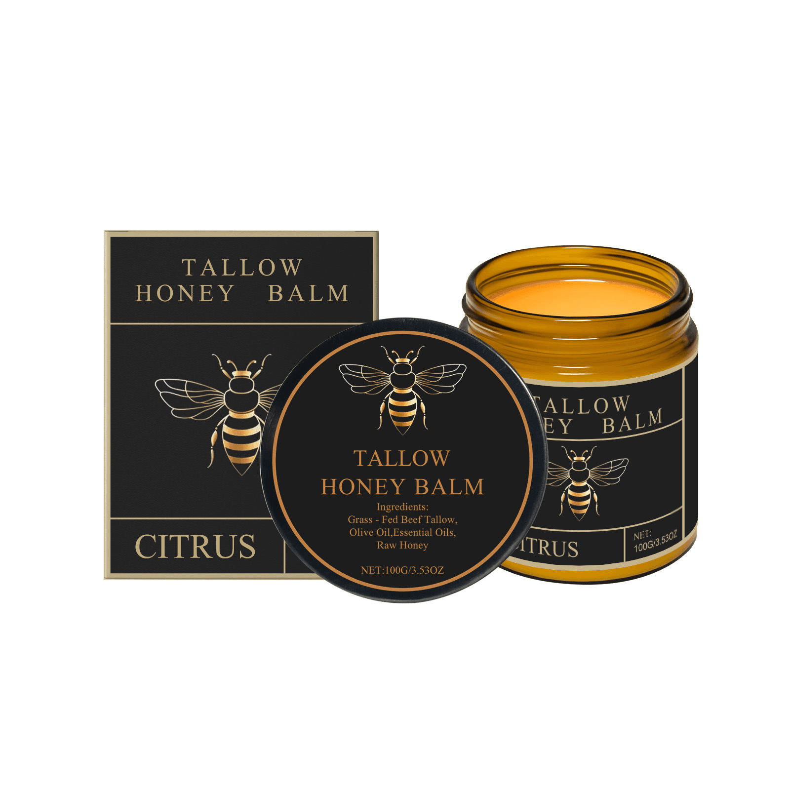 Foldwell tallow and honey balm — amber glass jar, black lid and box, on a plain white background