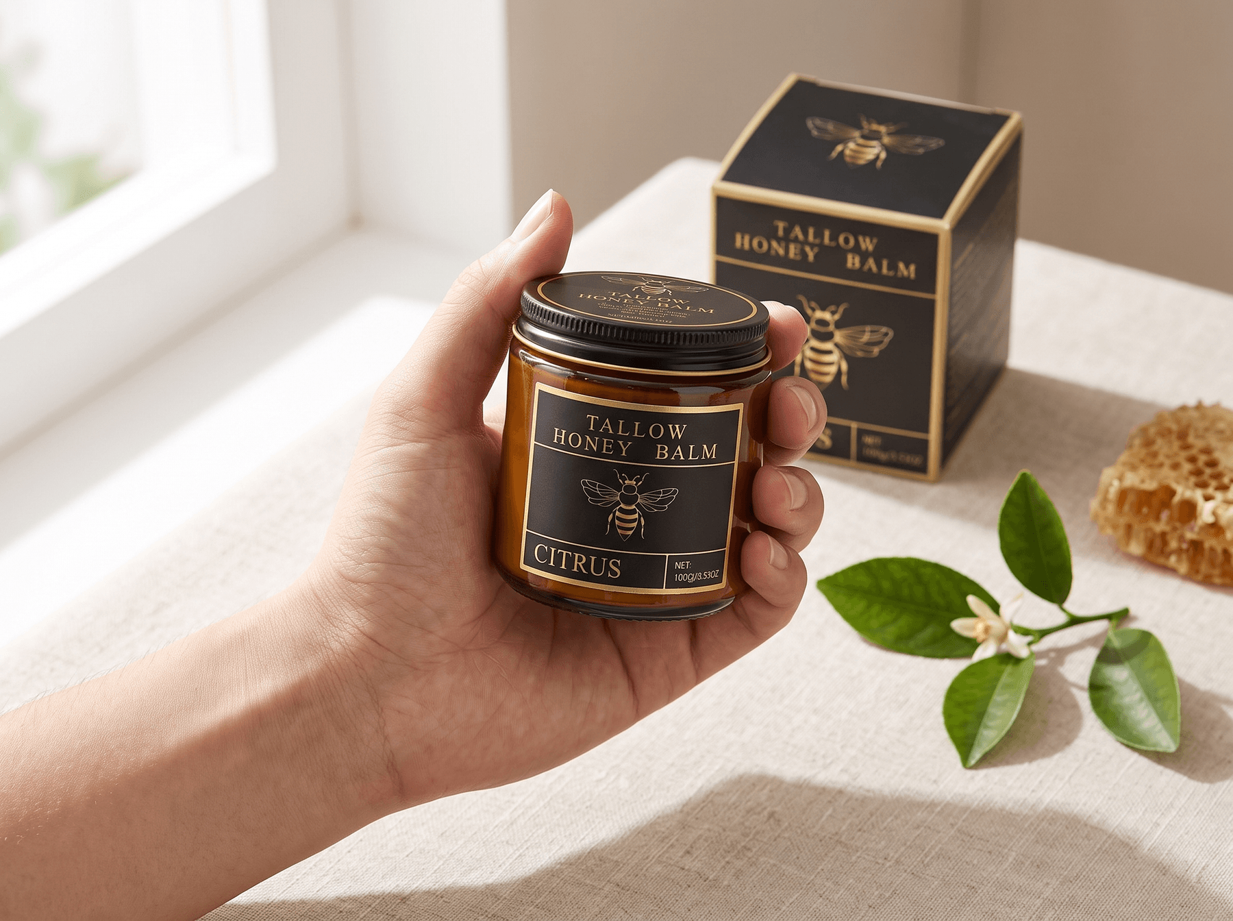 A hand holding the closed jar of balm in a sunlit window, the box and a sprig of citrus leaves behind