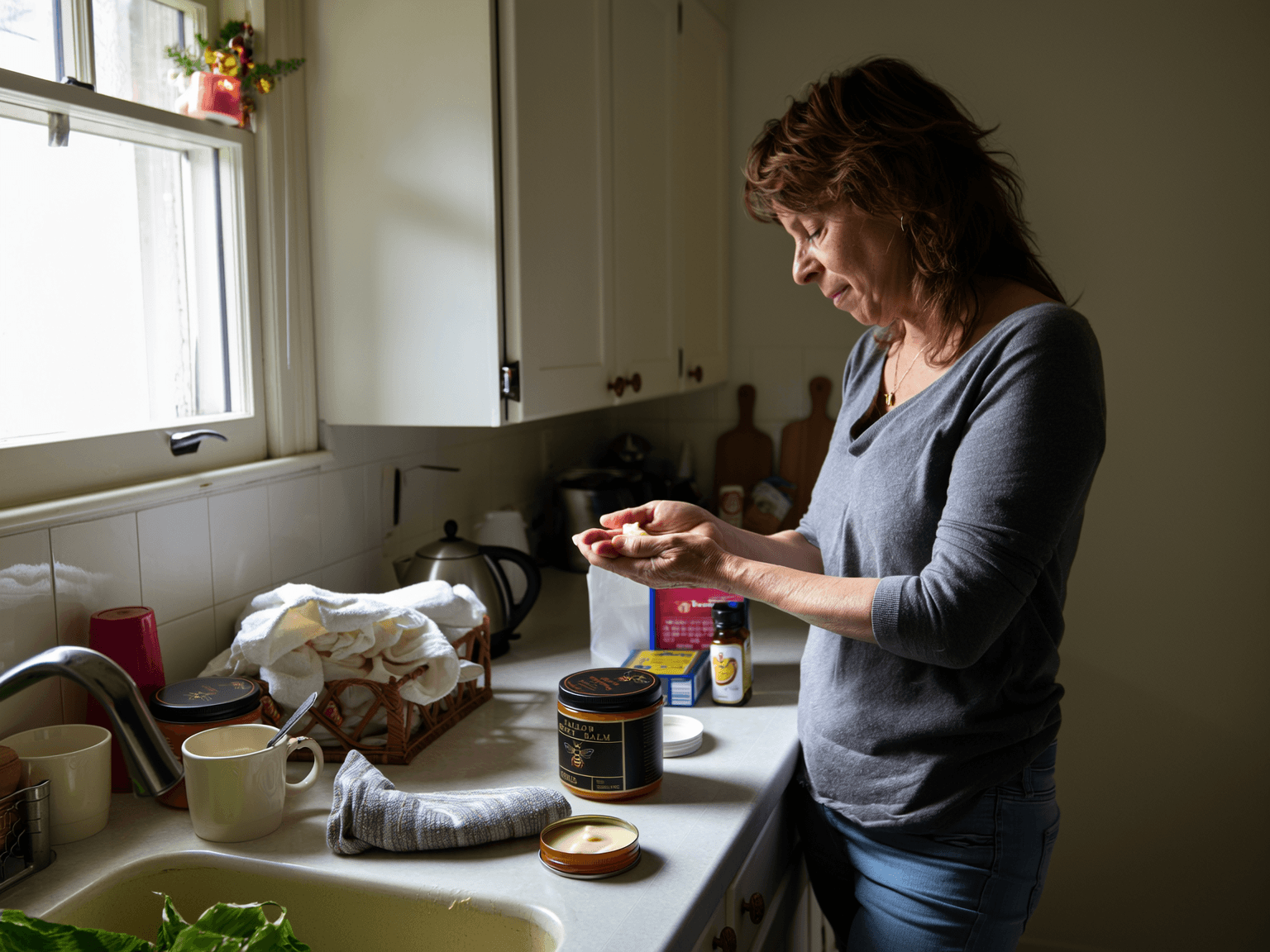 Woman applying tallow and honey balm to her hands in a UK kitchen