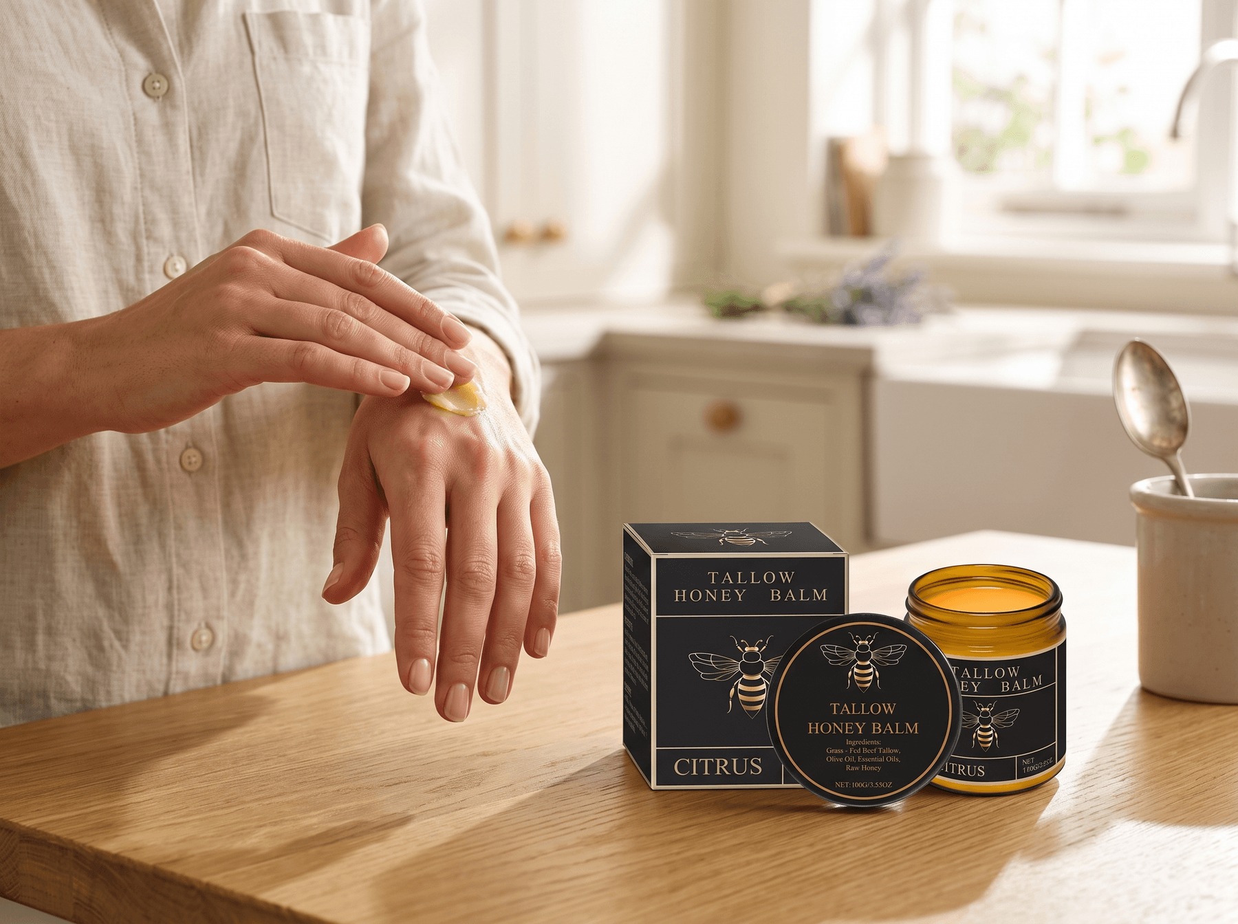 Hands smoothing balm over the back of a hand at a kitchen worktop, the open jar and box beside them