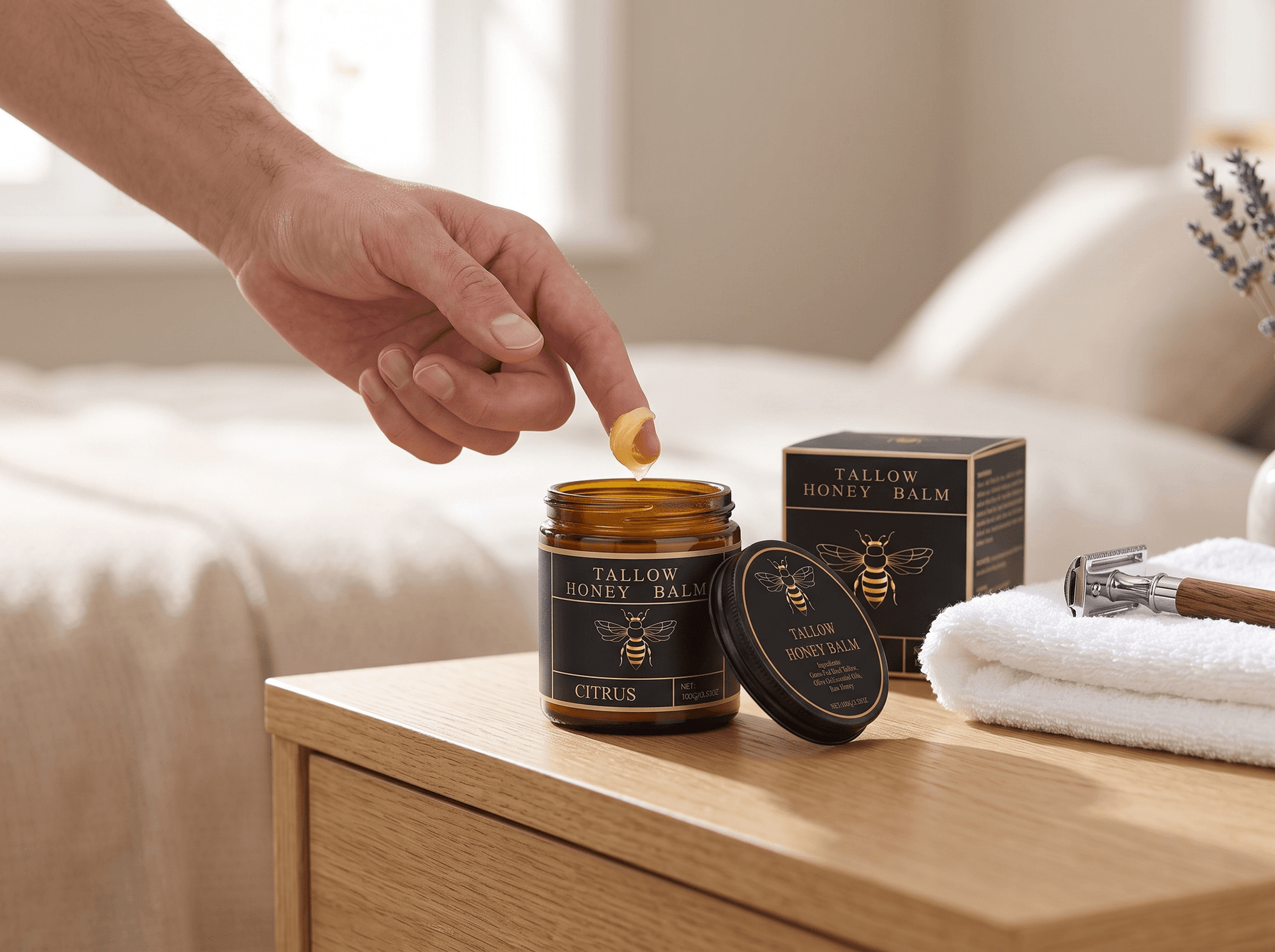 A hand lifting a fingertip of balm from the open jar on a bedside table beside a towel and a razor